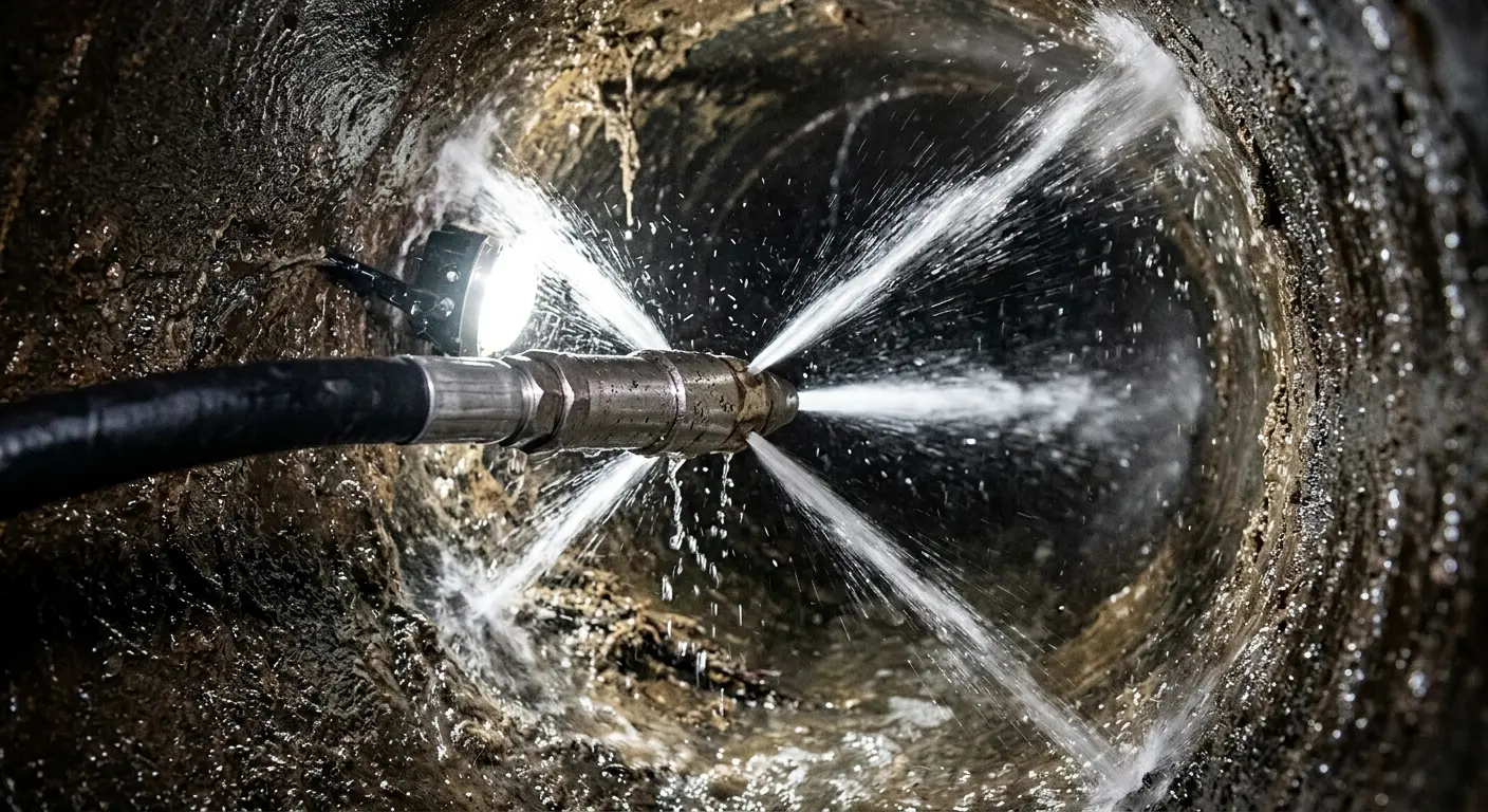 High-pressure hydro jetting nozzle cleaning sewer pipe for Emergency Drain Service in Offutt AFB
