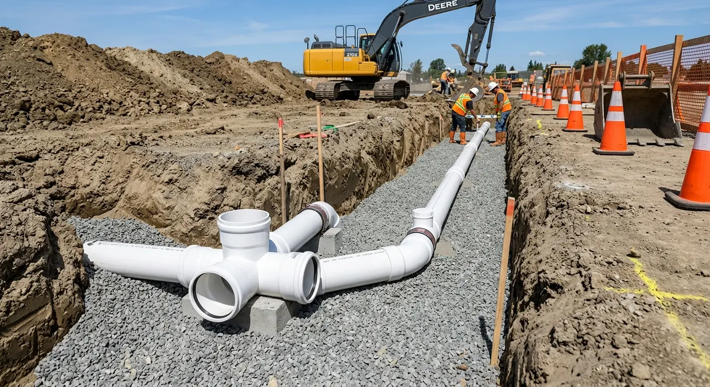 New PVC sewer pipe installation in open trench for Grease Trap Cleaning in Offutt AFB