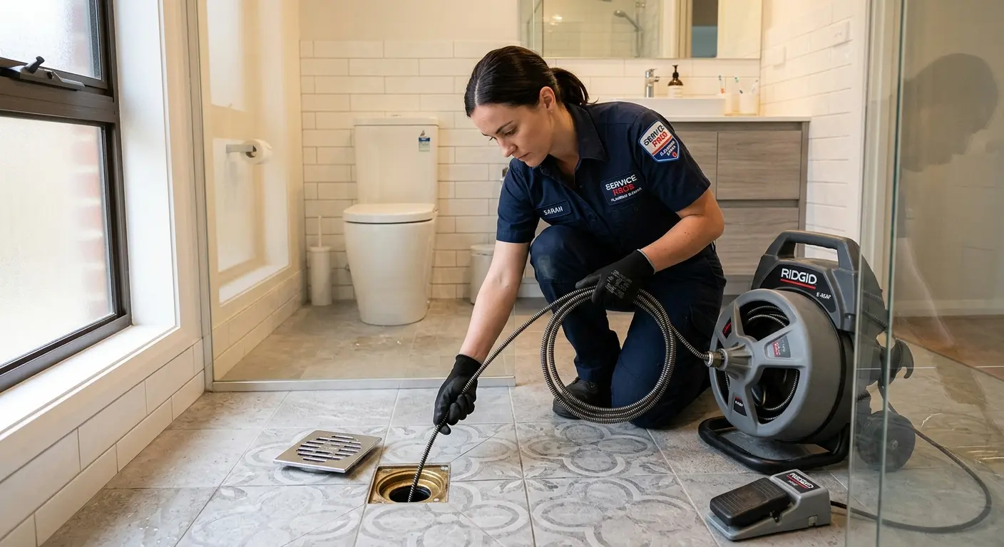 Technician clearing a bathroom floor drain for Hydro Jetting in Offutt AFB